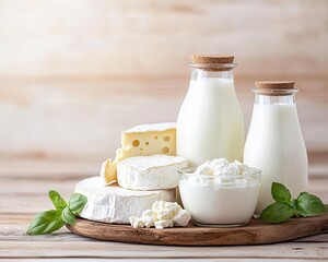 Locally sourced dairy products on a rustic wooden table, including fresh milk, cheese, and yogurt