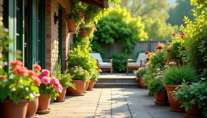 Vibrant potted plants add life to a sunny patio , potted plants, container plants