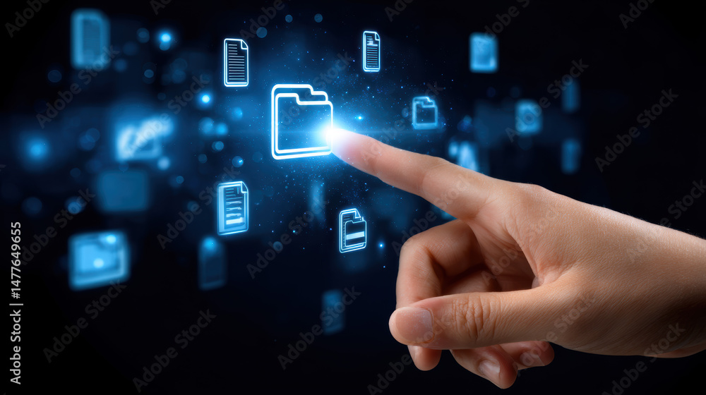 Poster digital interaction with virtual file icons in a futuristic environment
