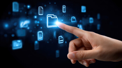 Digital interaction with virtual file icons in a futuristic environment