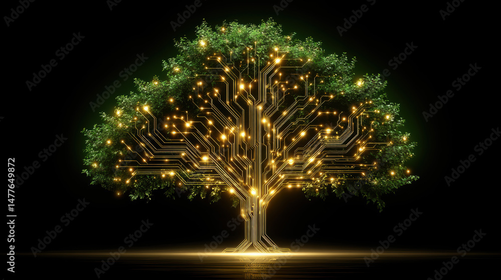 Poster artificial tree with circuit board details glowing in the dark environment representing technology a