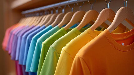 Naklejka premium Bunte Kleiderbügel mit T-Shirts in Regenbogenfarben, ordentlich aufgereiht an einer Kleiderstange in einem Geschäft.