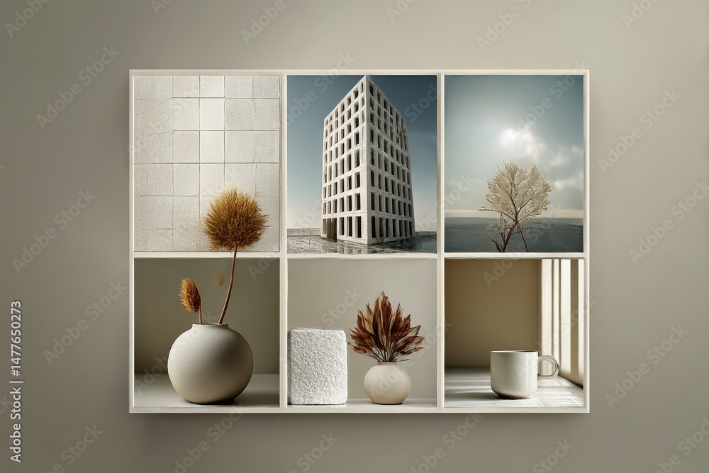 Poster Neutral Palette: Modern Shelf Display with Natural and Architectural Elements in a Soft Aesthetic