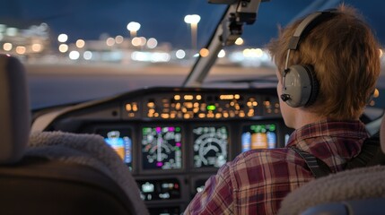 Aircraft cockpit controls and person preparing for night flight