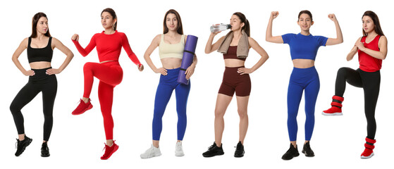 Woman in different sportswear on white background, collage
