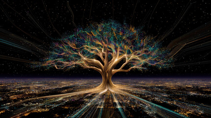 Colorful tree radiates light above a city skyline at night, symbolizing growth and connection in a vibrant landscape