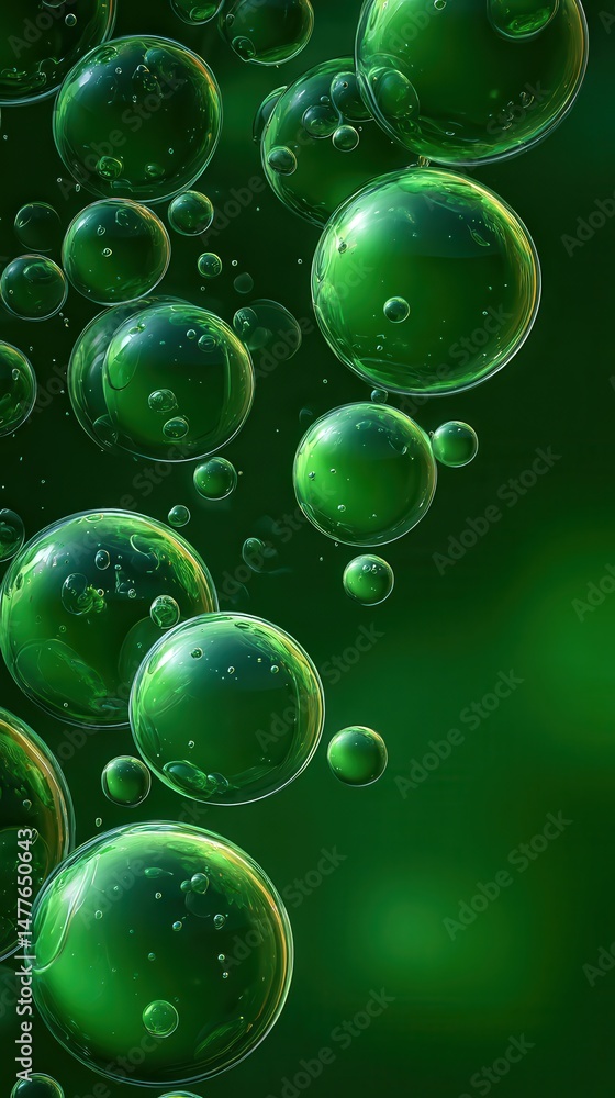 Poster bright green bubbles of various sizes rising against a dark green background, creating an engaging a