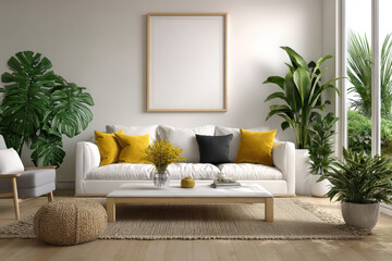 Cozy living room with white sofa, vibrant pillows, and indoor plants in bright natural light