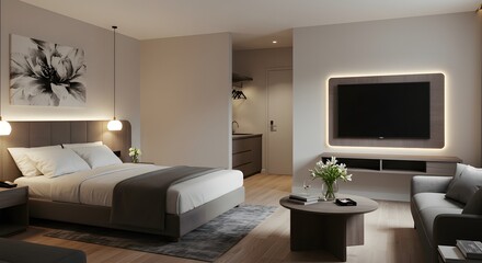 Modern Hotel Room Interior with Bed and Sitting Area