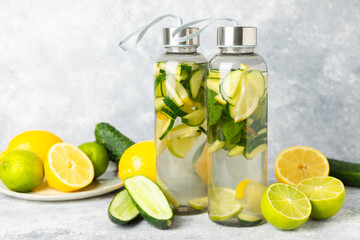 Cucumber water with lemon, lime and mint on a wooden table. Water infused with sliced ​​cucumber in a drinking glass. Tonic refreshing drink. Cucumber lemonade.Summer natural cooling drink.Copy space