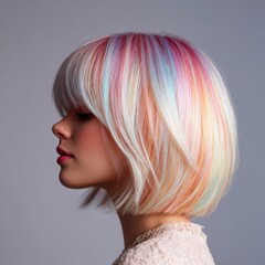 Subtle Rainbow: Woman with Pastel Highlighted Bob Hairstyle - A Study in Color and Texture 