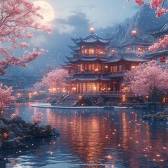 Obraz premium Peaceful asian temple reflected in a serene lake at night.