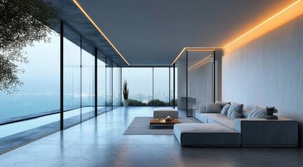 Modern minimalist living room with panoramic city view