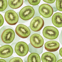 Fototapeta premium Watercolor kiwi fruit slices seamless pattern design for summer