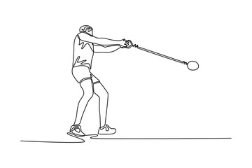 Single continuous line drawing strong male athlete performing hammer throw in outdoor stadium. Focused precision, release discus, demonstrating skill. One line draw graphic design vector illustration