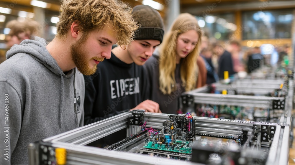 Leinwandbilder young engineers inspecting a circuit board: focus on technology and innovation at a robotics competi