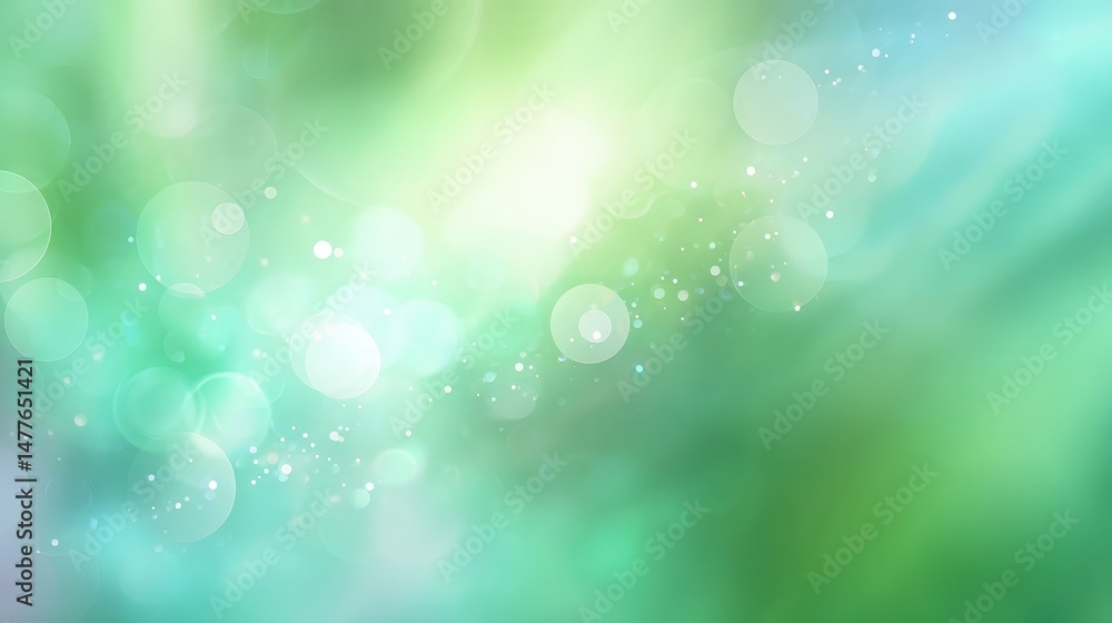 Poster blurred light circles creating soft bokeh pattern, green and blue abstract backdrop with gentle ligh