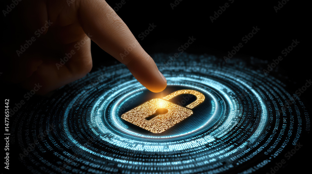 Fototapete secure digital lock illuminated by a golden glow and surrounded by binary code on a dark background