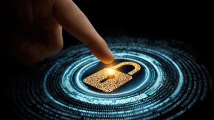 Secure digital lock illuminated by a golden glow and surrounded by binary code on a dark background