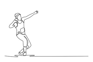 Single one line drawing focused male shot putter holds shot put ball firmly against neck, muscles taut prepares to release a burst of strength. Continuous line draw design graphic vector illustration