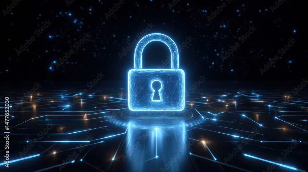 Poster digital padlock symbolizing cybersecurity in a futuristic virtual environment with glowing lines