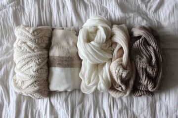 Obraz premium Cozy, neutral-colored knit sweaters and scarves are neatly arranged on a soft, white bedspread.