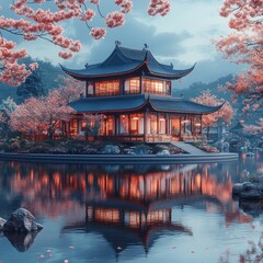 Obraz premium Serene, illuminated pagoda reflecting in tranquil waters.