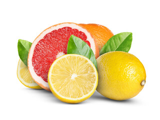 Fresh citrus fruits and green leaves on white background