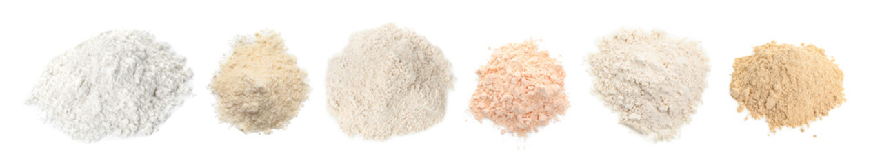 Different types of flour isolated on white, set