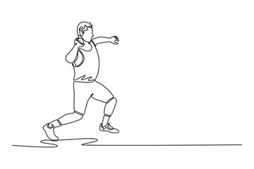 Single one line drawing male athlete preparing to throw shot in athletics competition. Launching a heavy spherical shot with precision. Modern continuous line draw design graphic vector illustration