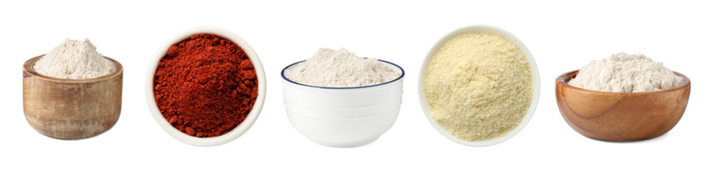 Different types of flour in bowls isolated on white, set