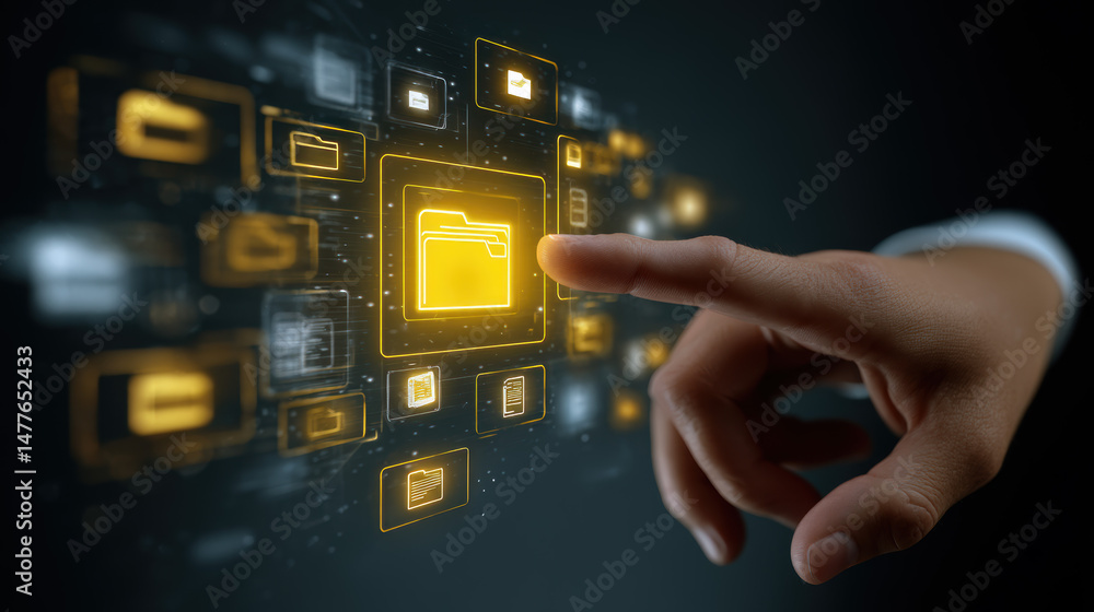 Poster touching a digital folder icon amidst a network of data icons in an abstract workspace