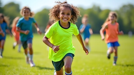 Fototapeta premium A joyful Black girl runs towards the camera during a sunny soccer practice, surrounded by her teammates in colorful jerseys.