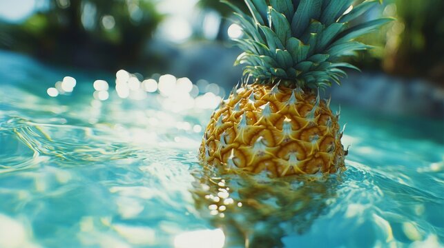 Ripe Pineapple Floating in a Blue Pool Under Bright Sunlight