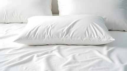 A serene scene showcasing a white pillow on a soft, rumpled white bedspread, evoking relaxation and comfort.