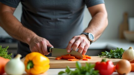 A man prepares fresh vegetables on a wooden chopping board in a modern kitchen, emphasizing healthy cooking.
