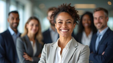 A confident Black woman in a business suit smiles brightly in front of her diverse team of professionals.
