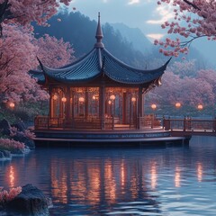 Obraz premium Serene, floating pavilion amidst blooming cherry trees.