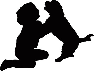 silhouette of a kids playing with dog