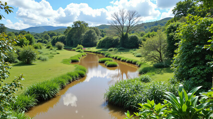 Fototapeta premium Serene River Landscape with Lush Greenery and Blue Sky