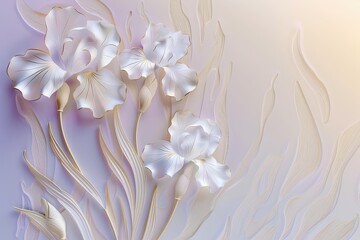 Fototapeta premium Golden iris branches on elegant pastel background. Wedding invitations, greeting cards, wallpaper, background, printing 