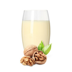 Nut milk in glass and walnuts isolated on white