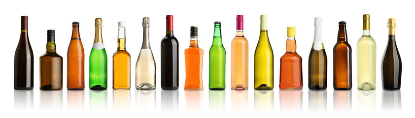 Bottles with different types of alcoholic drinks isolated on white, set