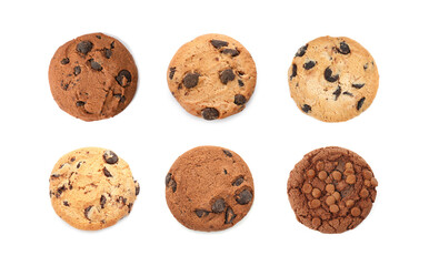 Yummy chocolate chip cookies isolated on white, set