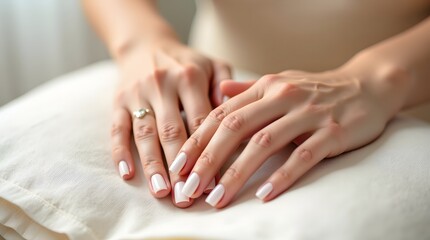 Naklejka premium A close-up of elegant manicured hands with a soft pink polish, showcasing delicate fingers and a subtle ring.