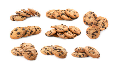 Yummy chocolate chip cookies isolated on white, collage