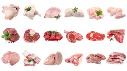 Different types of fresh raw meat isolated on white, collage. Beef, pork, chicken and veal