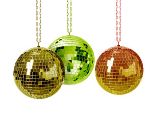 Different shiny disco balls on white background