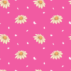 Hand-drawn seamless pattern with watercolor daisies on a vibrant pink background. Delicate white and yellow chamomile flowers with brushstroke details. Ideal for textile, stationery, wrapping paper