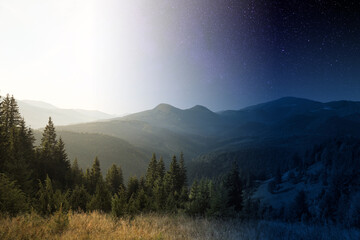 Beautiful mountains with forest by day and night, combined design